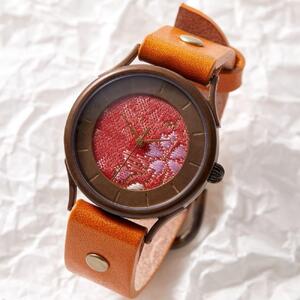 伝統工芸品【西陣織 赤】の文字盤が美しいハンドメイドウォッチ バーインデックス ベルトカラー：蜜柑 WJ002L 西陣織赤-蜜柑 腕時計