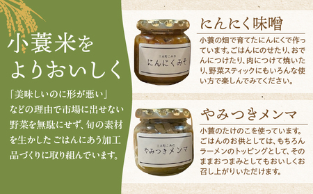 特別栽培米「小蓑米」と ご飯のおとも（にんにく味噌とやみつきメンマセット） | お米 ご飯 ごはん 白米 にんにく 味噌 メンマ お供 朝ごはん 香川県 三木町 プレゼント 贈り物 国産 ブランド米 