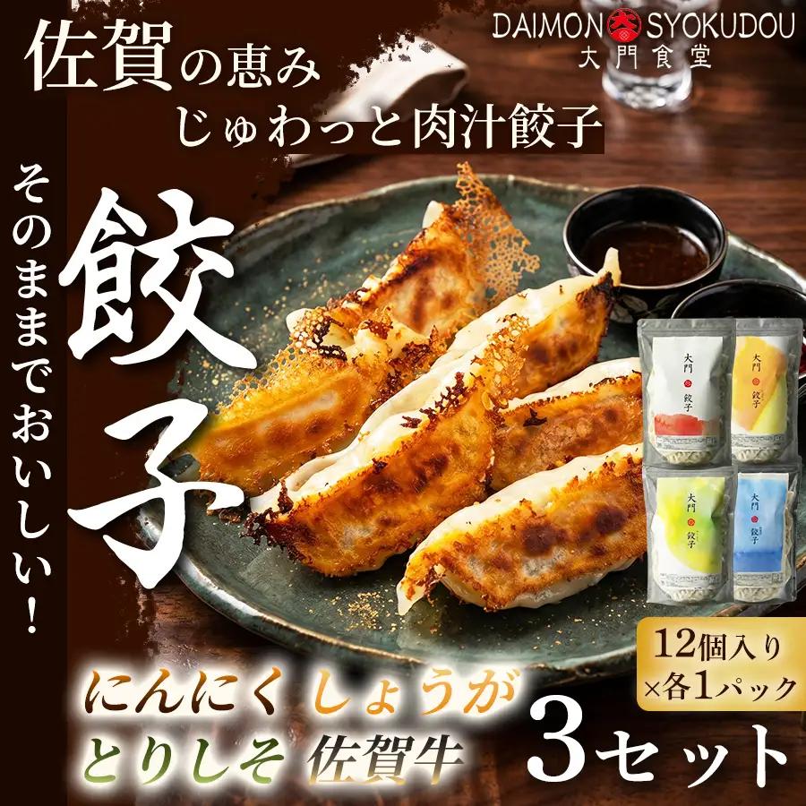 【1個28ｇで満足度大！】(12個入×各1P) にんにく餃子 しょうが餃子 とりしそ餃子 佐賀牛餃子  3セット 冷凍餃子：B430-008