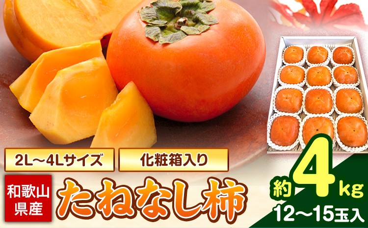 
                  【秋の味覚】＜先行予約＞ 和歌山産の たねなし 柿 2L～4Lサイズ 約 4kg （化粧箱入り） 厳選館 《2026年10月上旬-11月上旬頃出荷》 和歌山県 日高川町 柿 カキ かき ジューシー フルーツ たねなし
                