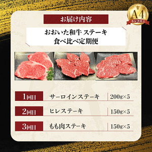 【定期便F】おおいた和牛ステーキ食べ比べ定期便 全3回_B028-015【ふるさと納税 定期便 全3回 豊後牛 おおいた和牛 4等級以上 和牛 牛肉 肉 ステーキ 食べ比べ サーロインステーキ ヒレス