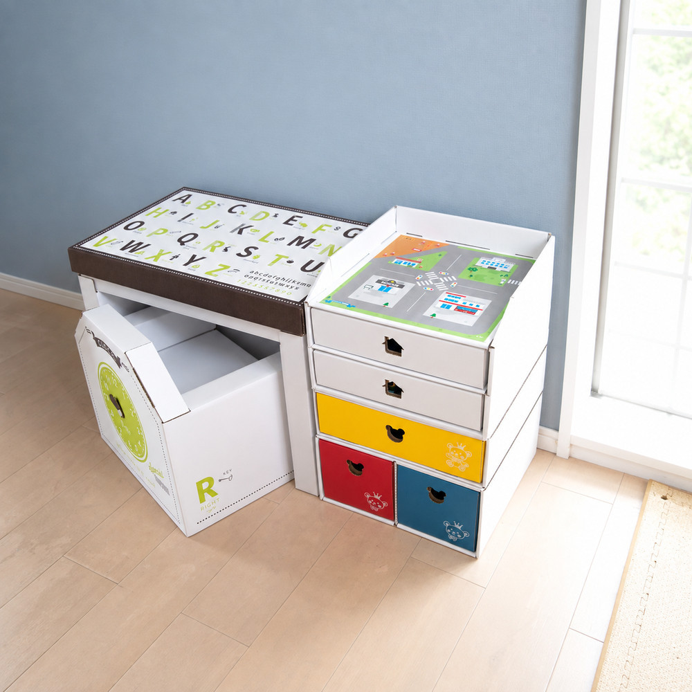 子供用ダンボール家具　ジュニアデスクチェア＆お片づけボックス＆１個・２個引き出しセット◇【白】