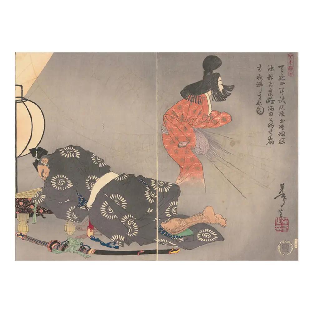 オリジナル【レプリカ浮世絵（2枚絵）月岡芳年作「天延四年秋妖怪土蜘蛛脳源頼光寝所酒田公時等宿直欲払其妖図」】／名古屋刀剣博物館