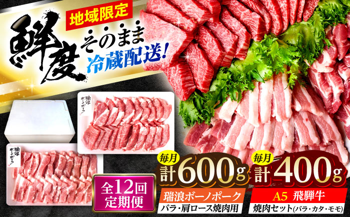 【12回定期便】 ※冷蔵配送/地域限定※ 飛騨牛 ボーノポーク 焼肉セット 合計1kg 瑞浪市 / きなぁた瑞浪 和牛 国産 岐阜県産 [AZCI097]