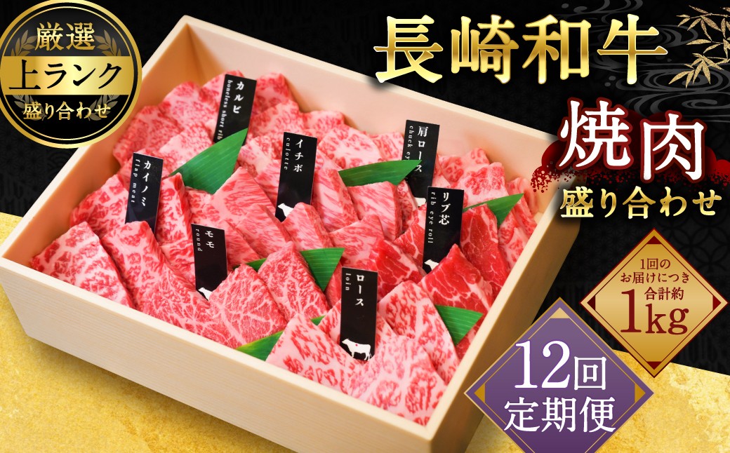 
                  【全12回定期便】【A4～A5上ランク】長崎和牛焼肉盛り合わせ(上盛り)約1kg 牛肉 肉 牛 和牛 国産牛 赤身 長崎和牛 ヒレ ランプ マルシン 食べ比べ 焼肉 バーベキュー 冷凍 長崎
                