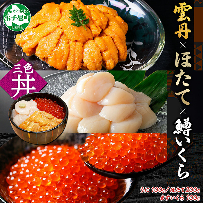 3628. 雲丹 100g ホタテ 200g 鱒いくら醤油漬け 100g 海鮮3種セット チリ産 ウニ ミョウバン不使用 うに  鱒いくら 北海道 弟子屈町