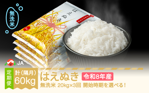 【先行予約】新米 米 はえぬき 隔月定期便 20kg×3回 無洗米 令和8年産 2026年11月中旬～ ja-hamxb20-k11to3b