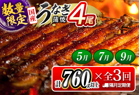 ＜数量限定!!＞特大 うなぎ 定期便 国産 鰻 蒲焼 4尾セット 全3回 隔月定期便（2026年5月、7月、9月お届け）合計2.2kg以上 魚介 贈答品 ギフト ウナギ 期間限定 鰻楽【E193-760-050709】