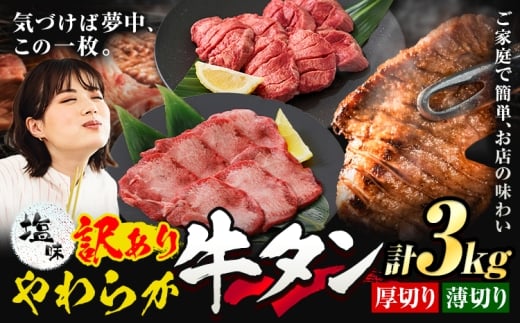 牛タン 厚切り 薄切り セット 塩味 3kg 500g×各3袋 《30日以内に出荷予定(土日祝除く)》 牛肉 肉 牛 たん タン 牛たん 焼くだけ 訳あり 焼肉 焼き肉 熊本県 山江村 薄切り BBQ タン下 塩牛タン 冷凍 味付け肉 一番人気 塩味 お取り寄せ 生活応援企画