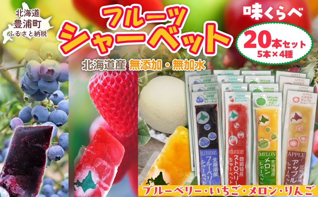 北海道 豊浦町 シャーベット 4種 味くらべ 各5本ずつ（ ブルーベリー、いちご、メロン、りんご ） TYUN019