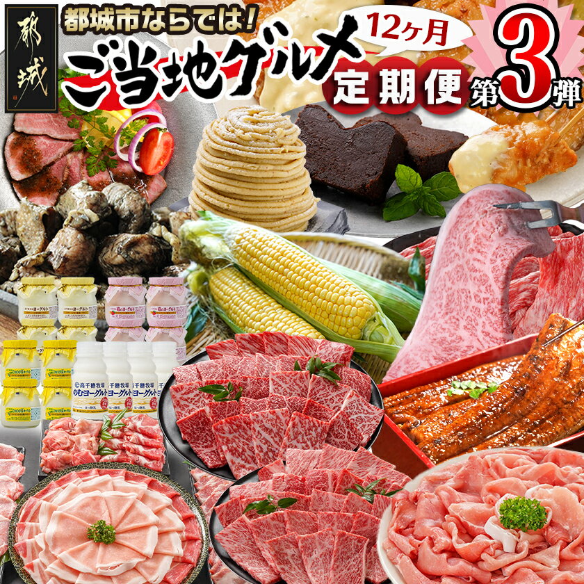 【ふるさと納税】【セレクト定期便】第3弾☆都城市ご当地グルメ定期便(12ヶ月)≪2026年お届け≫ - クイーンハーブ豚 宮崎牛 チキン南蛮 スイートコーン うなぎ蒲焼 炭火焼鶏 モンブラン 期間限定 送料無料 T180-MY01【宮崎県都城市は2年連続ふるさと納税日本一！】