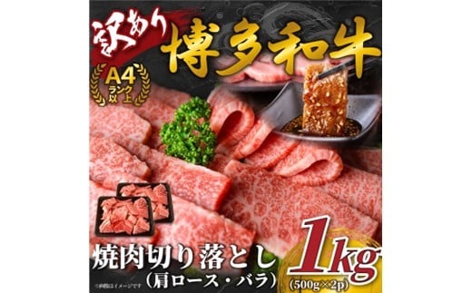 B395.訳あり！【A4～A5】博多和牛焼肉切り落とし（肩ロース・バラ）約1kg（500g×2）【博多和牛】