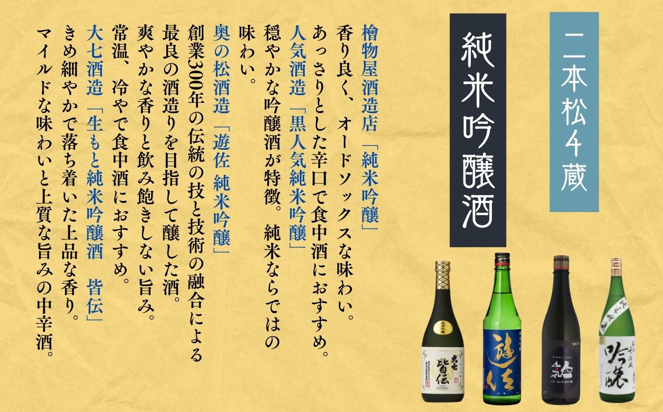 二本松の純米吟醸酒詰合せ 大七酒造「皆伝」奥の松酒造「遊佐」人気酒造「黒人気」檜物屋酒造店「純米吟醸」720ml×4種 酒 お酒 日本酒 純米吟醸 セット 詰め合わせ グルメ 人気 おすすめ お中元 