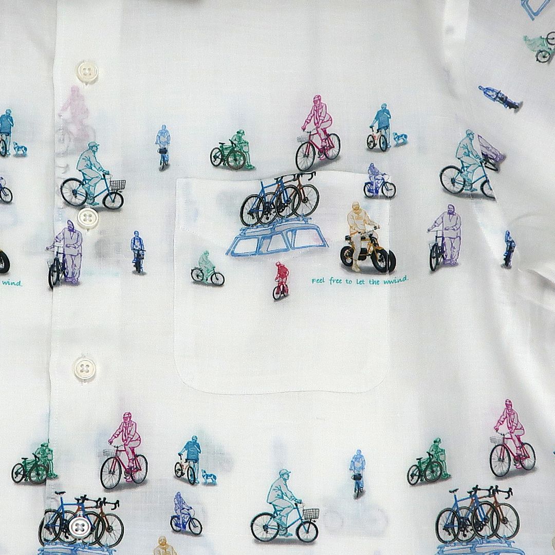 CLOFT 麻100％半袖シャツ”地図を捨てて、風になる。”自転車柄 (C/#11 ホワイト) XL