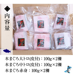 【令和7年お歳暮対応】天然! 本マグロ 真空 冷凍 大トロ 100g×2 中トロ 100g×2  赤身 100g×2  合計600g  プレミアム な 本まぐろ のセット! 刺身 便利 な 小分け で