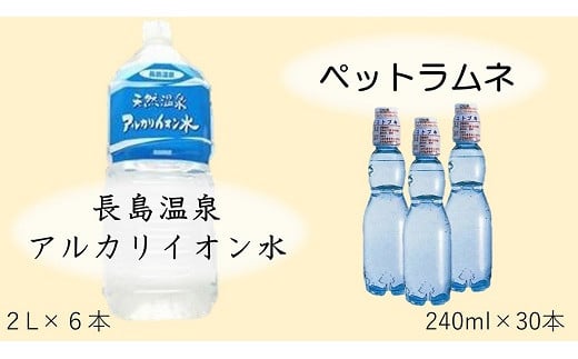 
b_75　共和ネット　鈴木鉱泉の長島温泉アルカリイオン水2リットル（6本）＋ペットラムネ（30本）
