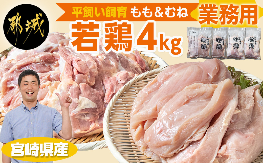 
【業務用】宮崎県産若鶏4kgセット_AA-G303 - (都城市) 鶏肉 モモ ムネ 各1kg×2P 計4kg 大容量 県産若鶏 平飼い 冷凍 業務用
