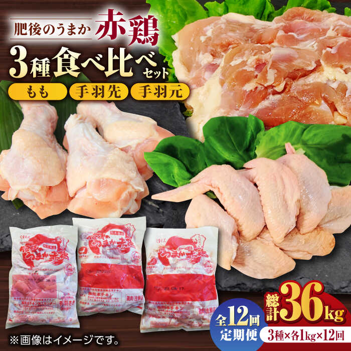 【ふるさと納税】【12回定期便】肥後のうまか 赤鶏 3種食べ比べセット（もも 手羽先 手羽元）各1kg【山内飼料 株式会社 熊本営業所】[ZAB020] 定期 12ヶ月 鶏 とり肉 鳥 銘柄鶏 産地 国産 国産鶏 冷凍 大容量 もも肉 ヘルシー 部位 贅沢 詰め合わせ 贈り物 山鹿
