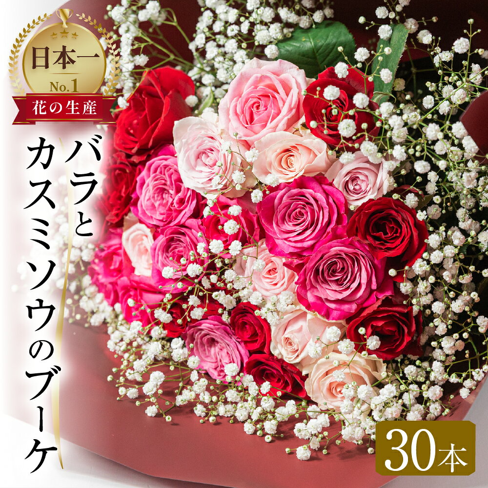 【ふるさと納税】バラ30本とカスミソウのブーケ　| 薔薇 バラ ばら カスミソウ 花 花束 ブーケ グランドローズ バラ園 農家直送 チャーミングローズ 薔薇 ローズ 生花 ミックス 誕生日 贈り物 プレゼント フラワー インテリア 産地直送 人気 母の日 父の日 遅れてごめんね