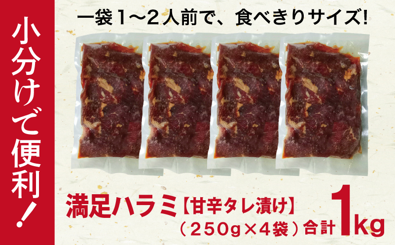 【満足牛ハラミ】甘辛タレ漬け 合計1kg 【味付け ハラミ 小分け 焼くだけ 簡単調理 BBQ 牛肉 250g×4P】 010B1725