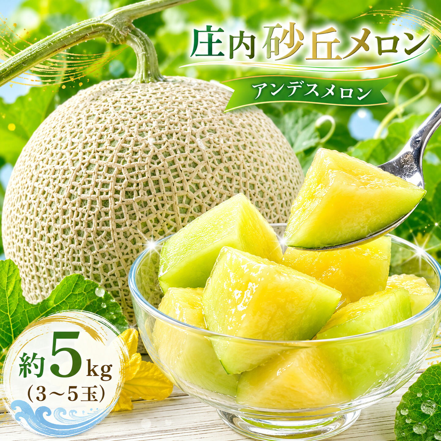 【ふるさと納税】【令和8年産先行予約】菅原農園の庄内砂丘メロン　アンデスメロン (青肉) 約5kg (3〜5玉) 【7月下旬～8月上旬】K-835 | 砂丘 メロン ギフト 夏 旬 フルーツ 夏ギフト お中元 砂丘育ち 甘い 糖度が高い 特産品 名産品 贈答 新鮮 産地直送 農園直送 送料無料