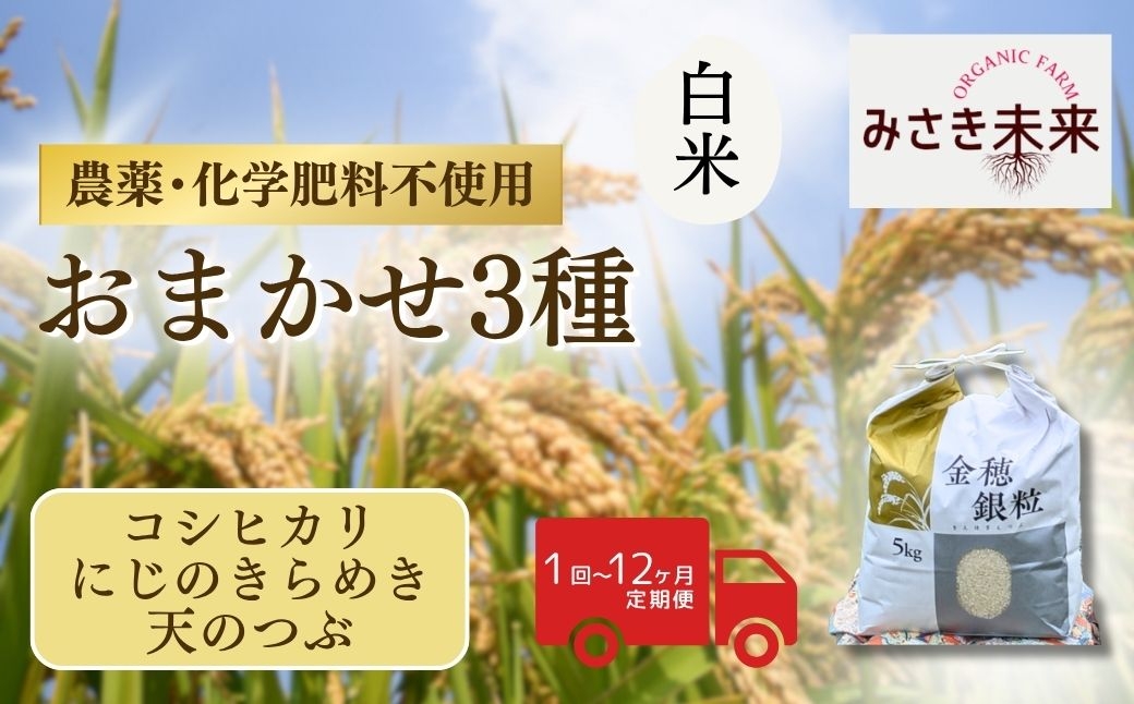 
                  【おまかせ3品種】白米 選べる回数・容量 定期便 令和8年産 コシヒカリ・にじのきらめき・天のつぶ | 無農薬 農薬不使用 化学肥料不使用 精米 お米 米 こめ コメ 福島産 福島県産 南相馬 みさき未来 定期便 食べ比べ
                