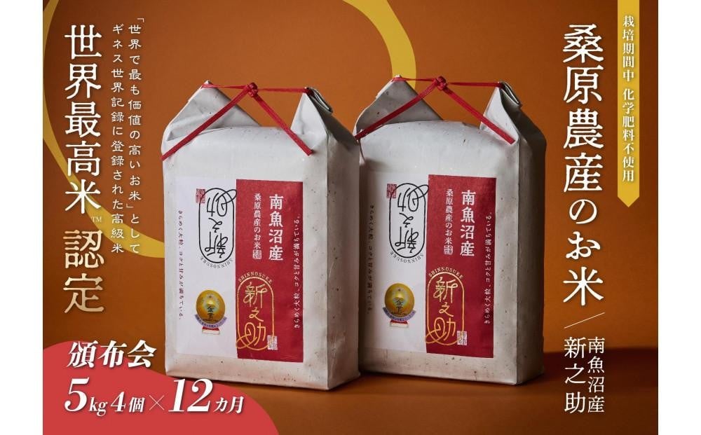
            【R7年産新米予約】【頒布会】ギネス世界記録「世界最高米」認定 最高級南魚沼産新之助20kg(5kg×4)×12ヵ月 桑原農産のお米(精米)【2025年11月上旬より順次発送予定】
          