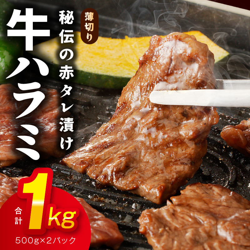 牛ハラミ肉 1kg 薄切り スライス【小分け 500g×2 訳あり サイズ不揃い 秘伝の赤タレ漬け 牛肉 焼肉用 焼くだけ 小分け BBQ やきにく 数量限定】 099H4560-1