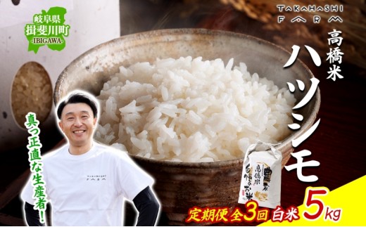 
                  ＜ R8年産 先行予約 ＞定期便 全3回 米 ハツシモ 「高橋米」 白米 5kg×1袋 令和8年産 5キロ お米 精米 ご飯 はつしも ブランド米 大粒 炊飯 お弁当 ふっくら お取り寄せ 送料無料 Takahashi Farm 岐阜県 揖斐川町
                