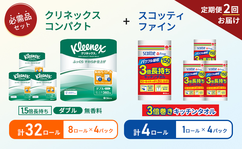 【 6ヶ月ごと計 2回お届け 】キッチンペーパー 4パック入 スコッティ ファイン 1ロール 3倍 150カット トイレットペーパー ダブル 1.5 倍巻き 8ロール入 × 4パック クリネックス クレシア 日用品 日本製 宮城県 岩沼市