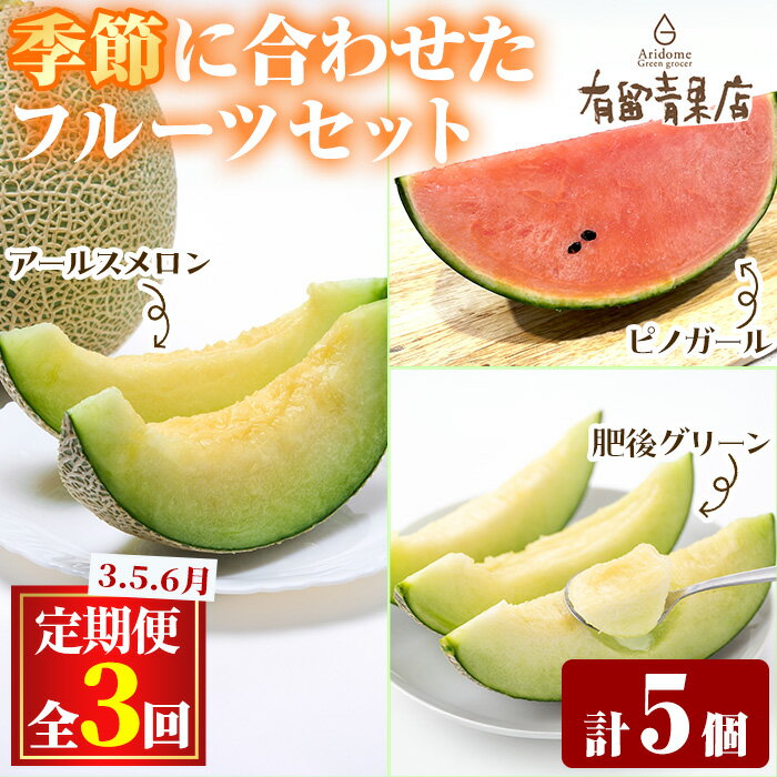 【ふるさと納税】＜定期便・全3回＞自慢の農家×老舗青果店のフルーツ定期便(計5個) メロン アールスメロン スイカ すいか 小玉スイカ 肥後グリーン 果物 フルーツ 果実 セット【有留青果】【0363607b】