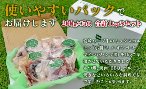 ＜宮崎ハーブ牛＞ミックスホルモン（200g×5P）※90日以内出荷【C201】