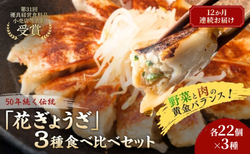 「花ぎょうざ」3種食べ比べセット 66個（各22個×3種）12か月連続お届け 餃子 冷凍餃子 冷凍ギョーザ 手作り餃子 ギョーザ セット 食べ比べ 点心 中華 中華料理 惣菜 簡単調理 加工食品 静岡県 森町