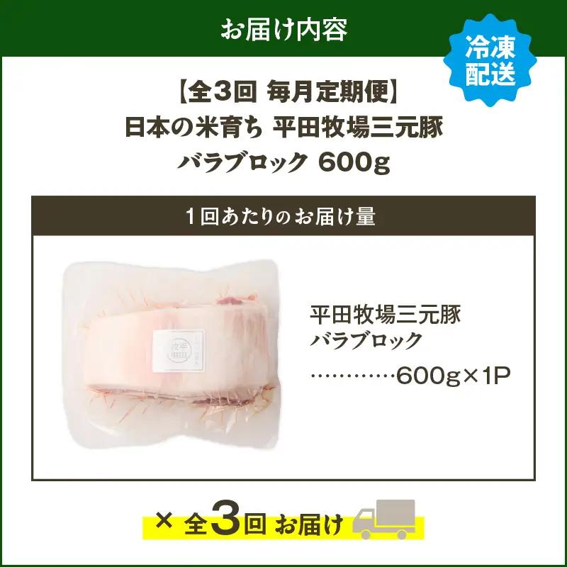 【 全3回 毎月 定期便 】 日本 の 米育ち 平田牧場 三元豚 バラ ブロック 600g T036-T08-01 肉 豚肉