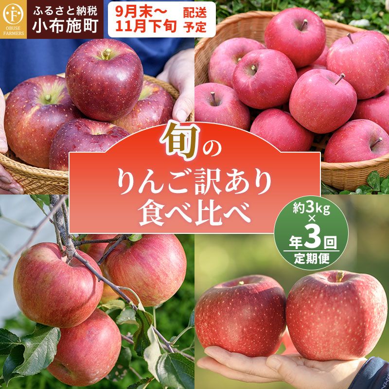 【ふるさと納税】【訳あり】先行受付【3回定期便】旬のりんご訳あり約3kg食べ比べ 秋映 シナノスイート シナノホッペ サンふじ ［おぶせファーマーズ］ 不揃い 規格外 家庭用 果物 フルーツ りんご 林檎 リンゴ 長野県産 信州産 令和8年産 【2026年9月末〜11月下旬】