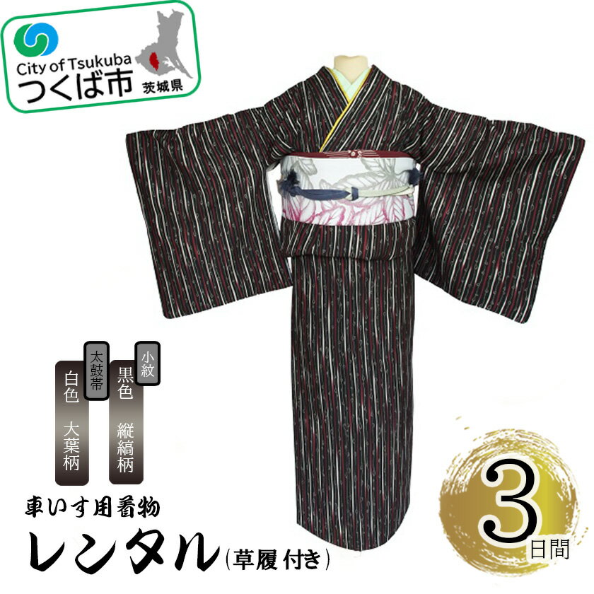 【ふるさと納税】車いす用着物レンタル3日間＜小紋:黒色 縦縞柄 太鼓帯:白色 大葉柄(草履付き)＞ | 茨城県 つくば市 キモノ 帯 セット レンタルサービス 車椅子 成人式 卒業式 七五三 婚礼 1044623