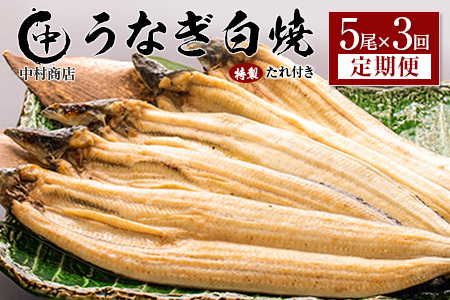 ＜定期便＞5尾×全3回 国産 うなぎ 白焼 有頭 計2.7kg以上（1回あたり 計905g以上） たれ付き 宮崎県産 鰻 中村商店
