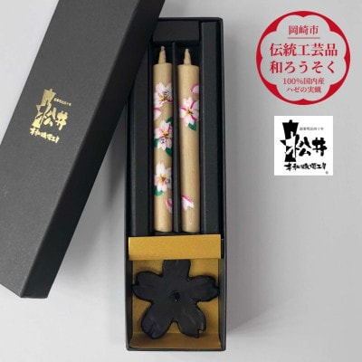 
国内産ハゼの実蝋のみ使用＜伝統工芸品　和ろうそく＞手描き絵ろうそく　桜クリスタル(絵入り2本)燭台付【1208670】

