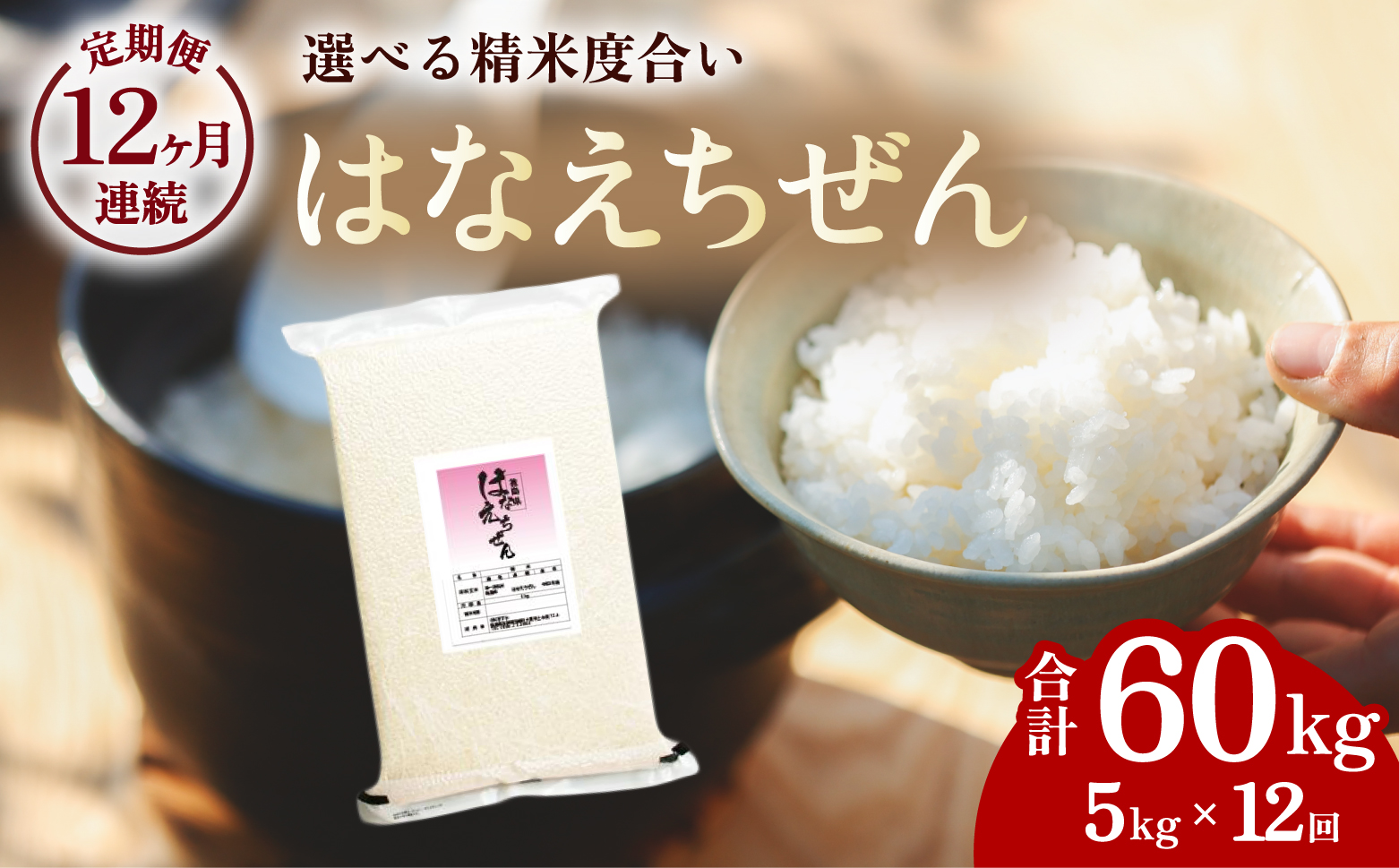 【先行予約】はなえちぜん 白米 5kg×12回 12ヶ月連続 定期便 60kg 真空パック ハナエチゼン 米 簡易梱包 エコ梱包【８月下旬以降順次お届け】