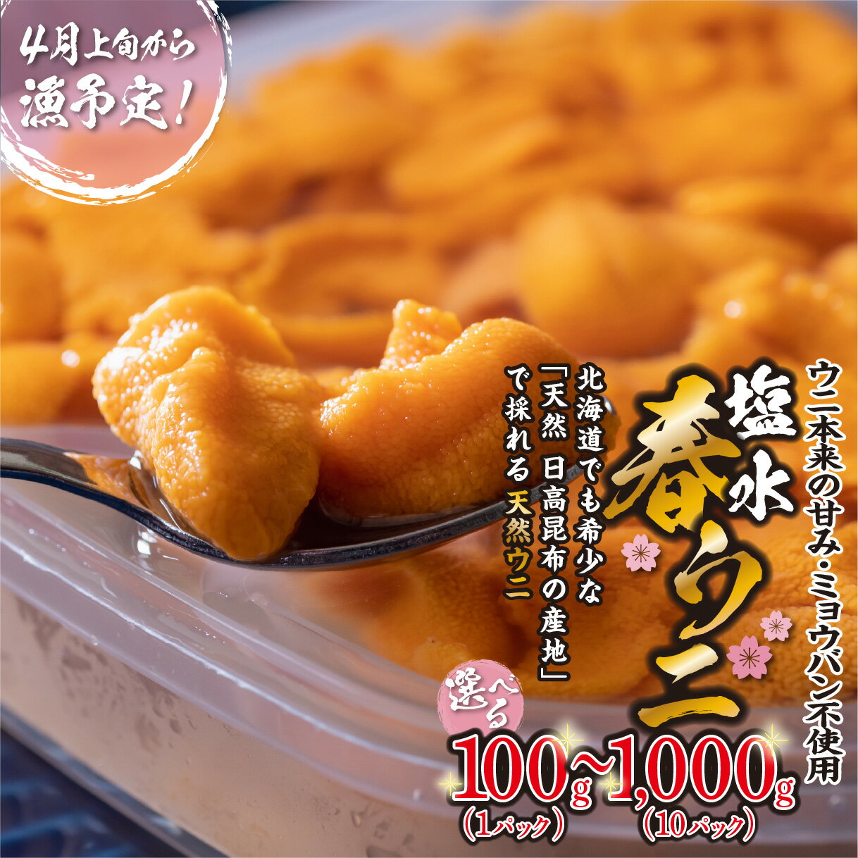 【ふるさと納税】＜ 4月30日までの受付 ＞ うに 今が旬 ミョウバン不使用 北海道 選べる 容量 100g ～ 1kg 使用するのは塩水のみ 日高沖産 塩水 生雲丹 春ウニ エゾバフンウニ 海水 冷蔵 天然 生うに 生 ウニ 雲丹 期間限定 北海道産 新ひだか町 日高