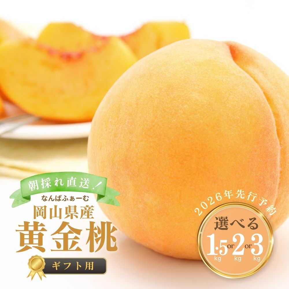 【ふるさと納税】＜2026年先行予約＞＜選べる容量＞［なんばふぁーむ］岡山県産 黄金桃［ギフト用］ 1.5kg（4～6玉）or 2.0kg（6～9玉）or 3.0kg（9～13玉） | 厳選 希少品種 ふるさと納税 フルーツ 桃 もも 岡山 果物 くだもの 送料無料