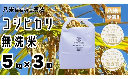 【令和7年産】【環境大臣賞受賞】【特別賞受賞】 3ヶ月定期便 無洗米 コシヒカリ 5kg×3回 計15kg 農家直送 ほんのり甘い「はちみつ農法」 白米 精米 HACHIBEI 八米 1L13040
