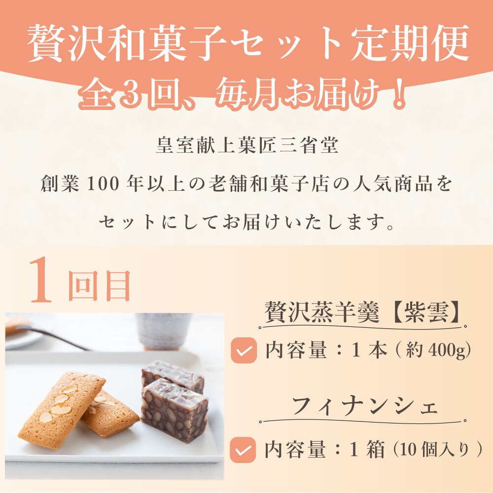 【定期便全3回】皇室献上菓匠 三省堂 贅沢和菓子セット 3か月 羊羹 フィナンシェ 桃ゆめ 栗羊羹 抹茶どら焼き 本格和スイーツ（VYD）E6-930