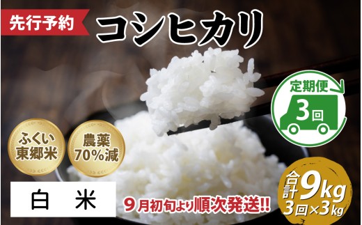 【先行予約】【定期便3ヶ月連続】令和8年産 新米 ふくい東郷米 特別栽培米　農薬70％減コシヒカリ 3kg×3ヶ月 合計9kg「2026年9月初旬より順次発送」 【白米】[B-020020_01]