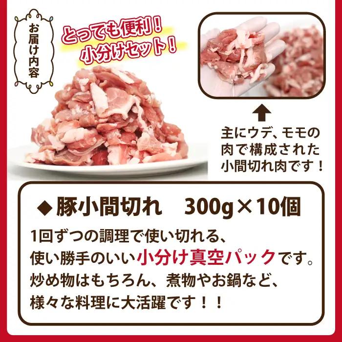 数量限定！ 国産 豚肉 こま切れ 3kg（300g×10）｜ 小分け 真空パック 「ありすぽーく」