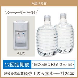 妙高山麓の天然水8L （2本×12回）計24本 ＋卓上式ウォーターサーバー付き