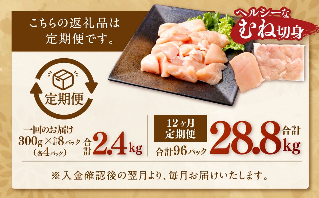 【12回定期便】鹿児島県産 銘柄鶏・さつま純然鶏 若鶏 むね切身（300g×8パック×12回 合計28.8kg）むね肉 若どり HSR-902