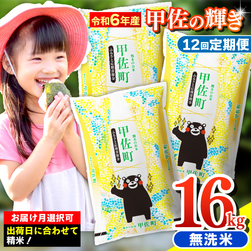 令和６年産【定期便12ヶ月】『甲佐の輝き』無洗米16kg×12ヶ月（5kg×2袋、6kg×1袋）【12月より配送月選択可！】【価格改定ZH】