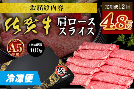 【定期便12回配送】＼とろける佐賀牛／【佐賀牛肩ローススライス400g】ブランド牛 霜降り 極上 高級肉 贅沢 すき焼き しゃぶしゃぶ 鍋 大容量 肉の甘み 柔らかい ギフトにも最適 定期便 12ヵ月