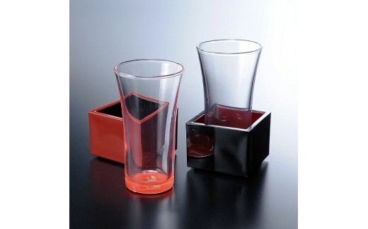 みよし漆器本舗 紀州塗り ぬりもん de Verre 一口グラス マスセット 赤 黒 ペアセット（鶴・亀） グラス：100ml／マス：90ml